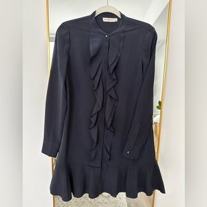 Tory Burch Jane Button Up Long Sleeve Navy Blue Ruffle Mini Cocktail Dress